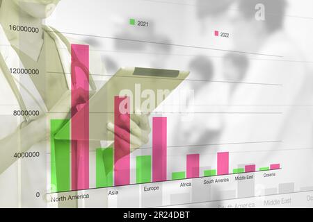 Photo of female doctor holding digital tablet with bar chart on forground. Stock Photo