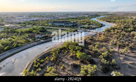 Alxa. 16th May, 2023. This aerial photo taken on May 16, 2023 shows the scenery in Ejina Banner of Alxa League, north China's Inner Mongolia Autonomous Region. Credit: Bei He/Xinhua/Alamy Live News Stock Photo