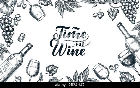 Wine tasting banner, poster or party flyer. Vector sketch illustration of wine bottle, glasses, grape vine. Winery shop, menu or package design templa Stock Vector