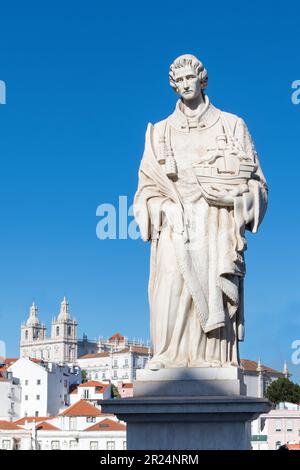 Lisbon, Portugal-October 2022; Low angle view of statue Saint Vincent of Saragossa (Sao Vicente de Fora) in Alfama neighborhood Stock Photo