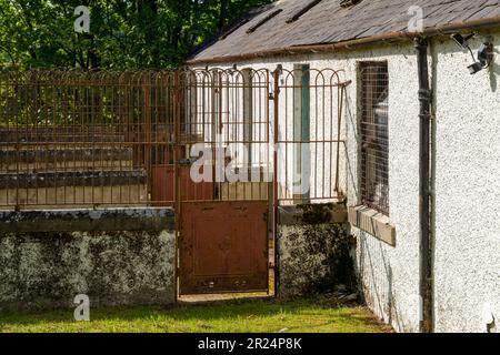 16 May 2023. Boat O' Brig,Orton,Moray,Scotland. This is a row of Gundog Kennels beside the River Spey on a sunny May day. Stock Photo