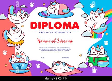 Kids diploma with cute cartoon caticorn cats and kitten characters. School or kindergarten certificate vector template with kawaii feline unicorns on rainbow, playing, sleeping, reading or dance Stock Vector