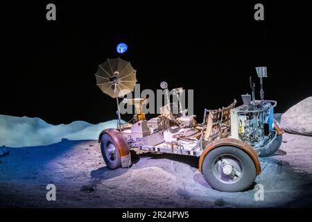 Houston USA 4th Feb 2023:  Lunar Roving Vehicle (LRV) in Space Center Houston. a battery-powered four-wheeled rover used on the Moon Stock Photo