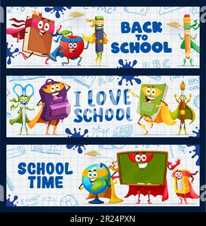 Back to school banners with cartoon stationery superhero characters. Vector funny textbook, apple and pencil, felt-tip pen, scissors and rucksack. Notebook, brush, blackboard, globe Stock Vector