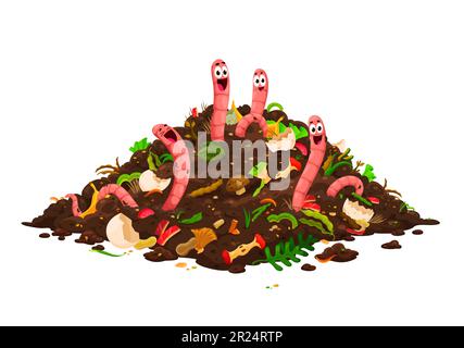 Cartoon compost worm characters in soil. Isolated vector funny earthworms with smiling faces stick out of compost pile with organic wastes. Useful insects in garden, nature invertebrate pest creatures Stock Vector