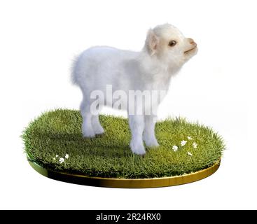 Baby goat standing in a patch of green grass. Digital illustration, 3D render. Stock Photo