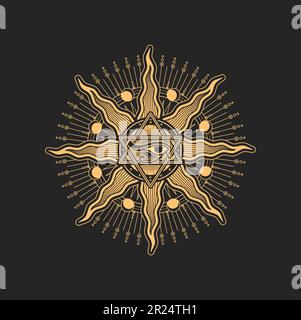 Occult esoteric pentagram sign with egyptian Horus eye in David star with moon phases and radiant sun rays inside of circle. Vector spiritual magic emblem, isolated alchemy, wiccan or pagan symbol Stock Vector