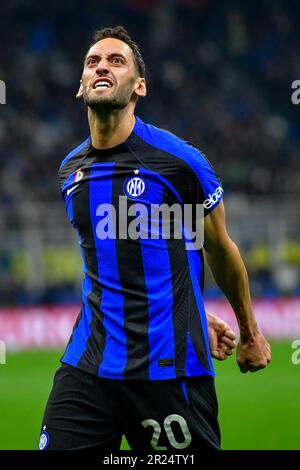 Milano, Italy. 16th May, 2023. Hakan Calhanoglu (20) of Inter seen during the UEFA Champions League match between Inter and AC Milan at Giuseppe Meazza in Milano. (Photo Credit: Gonzales Photo/Alamy Live News Stock Photo