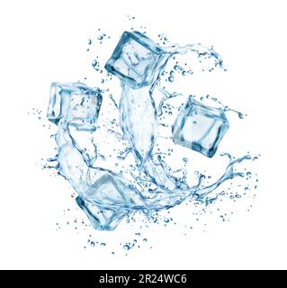 Ice cubes in water with splashes and drops. Dynamic motion of ...