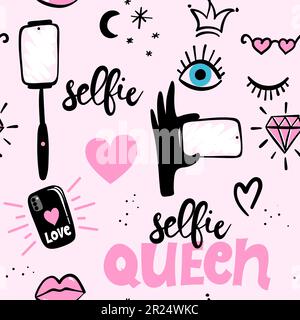 Cute selfie queen elements - funny doodle, seamless pattern. Selfie stick, winking eyes, hearts, fashion elements. Cartoon background, texture for bed Stock Vector