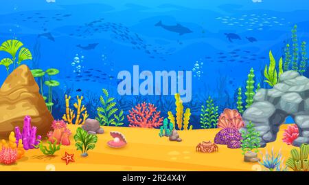 Cartoon underwater sea landscape. Game level vector background of sea, ocean and aquarium bottom scene. Undersea world of blue water waves with fish, corals and seaweeds, dolphins, sea turtles, crab Stock Vector