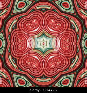 Series of abstract kaleidoscope patterns, set of 9. Liquid lines in red and green. Floral centric pattern Stock Photo