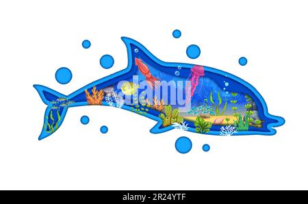 Dolphin paper cut silhouette and cartoon sea underwater landscape with vector fish and seaweeds. Double exposition ocean bottom with blue water waves, jellyfish, squid, puffer fish, corals and bubbles Stock Vector