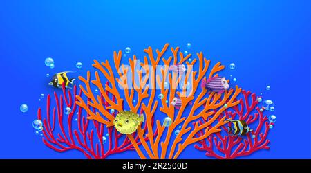 Sea paper cut poster with corals and tropical fishes for protect ocean, vector background. Sea environment conservation poster, papercut coral reef fishes for ocean day and marine nature protection Stock Vector