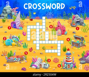 Vector Mermaid Crossword Puzzle For Kids. Marine Quiz With Underwater 