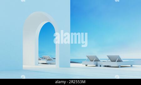 Beach luxury Lounge Terrace on Sea view - Santorini   island style - 3D rendering Stock Photo