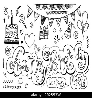 set of hand drawn doodle cartoon objects and symbols on the birthday party. Stock Vector