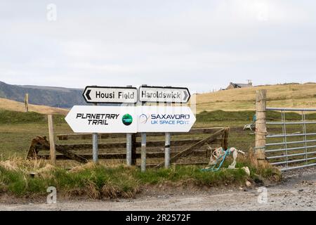 A direction sign to the Saxavord UK Space Port on Unst, Shetland Stock ...