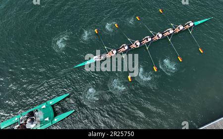 Dortmund, Deutschland. 17th May, 2023. firo : May 17th, 2023, rowing, Team Germany eighth 2023, eighth, introduction, presentation on the Dortmund-Ems canal, drone, drone recording, team eight with helmsman, on the water Credit: dpa/Alamy Live News Stock Photo