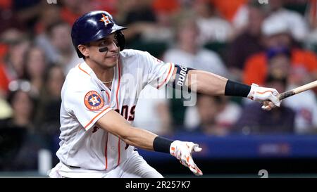 Houston Astros' Mauricio Dubon bats against the Los Angeles Angels during  the seventh inning of a baseball game Saturday, June 3, 2023, in Houston.  (AP Photo/David J. Phillip Stock Photo - Alamy