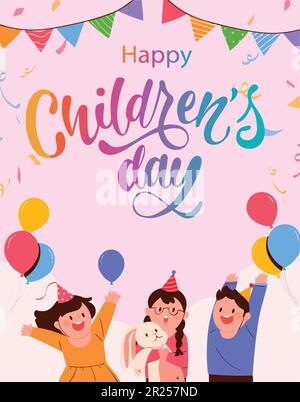 Happy International Children's Day greeting card. colored and styled . colorful balloons and three happy children. Stock Vector