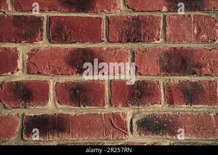 Close-up of a brick wall with black spots. Overlay for your design with the ability to copy. Abstract weathered texture stained with aged paint, rough rusty masonry blocks. High quality photo Stock Photo