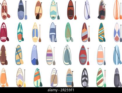 Paddle board icons set cartoon vector. Sup water. People activity Stock Vector