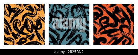 Brush strokes abstract posters. Messy graffiti seamless pattern set. Boho naive wall art. Contamporary paint stroke, curl, loop spray splatters background. Freehand rough texture. Vector Illustration Stock Vector