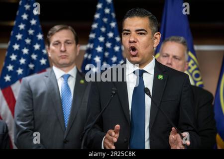 United States Representative Robert Garcia (Democrat of California) offers remarks on a resolution to expel United States Representative George Santos (Republican of New York) from Congress, at the US Capitol in Washington, DC, Wednesday, May 17, 2023. Credit: Rod Lamkey/CNP/MediaPunch Stock Photo