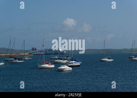 View across Holyhead marina with Stena Line ferry entering the harbour Isle of Anglesey North Wales UK Stock Photo