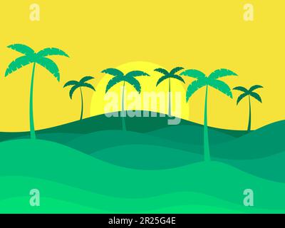 Tropical landscape with palm trees with sun. Silhouettes of palm trees on the hills. Summer time. Design of advertising booklets, banners, posters and Stock Vector