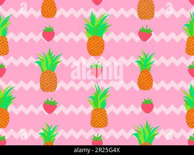 Seamless pattern with pineapples and strawberries on a striped background. Stripes on the background in the form of zig zags. Design for printing on f Stock Vector