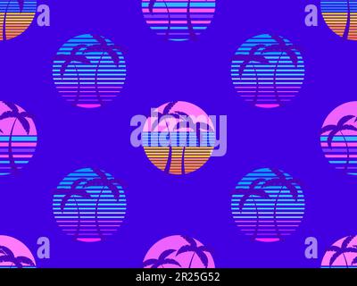Seamless pattern with retro sun with palm trees 80s style. Silhouettes of palm trees at sunset. Design for printing t-shirts, banners and promotional Stock Vector