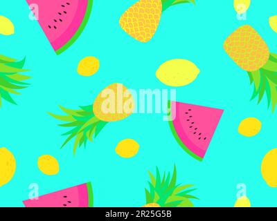 Seamless pattern with pineapple, lemon and watermelon in a minimalist style. A slice of watermelon with seeds. Design for printing on fabric, paper an Stock Vector