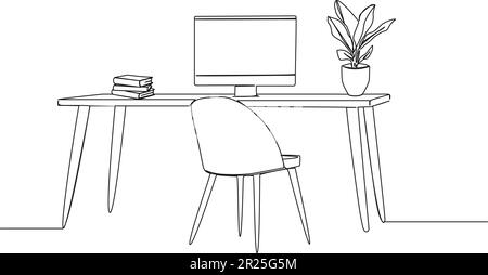 single line drawing of chair and desk with modern computer, stack of books and potted plant, working from home concept line art vector illustration Stock Vector