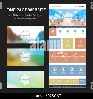 One Page Website Template and Different Header Designs with Blurred Backgrounds Stock Vector