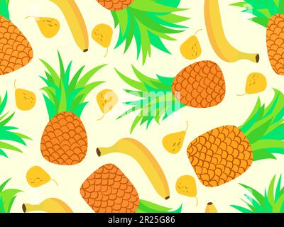 Seamless pattern with pineapples, bananas and pears. Fruit mix tropical summer background. Design of printing, banners and promotional materials. Vect Stock Vector