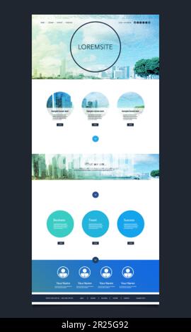 One Page Website Template with Cityscape Skyline Header Design Stock Vector