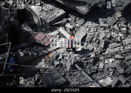 A Palestinian boy. His house was destroyed in the Israeli airstrike in Deir Al-Balah in central Gaza Strip. This is following the recent fighting between Islamic Jihad militant group and Israel in Gaza. Palestine. Stock Photo