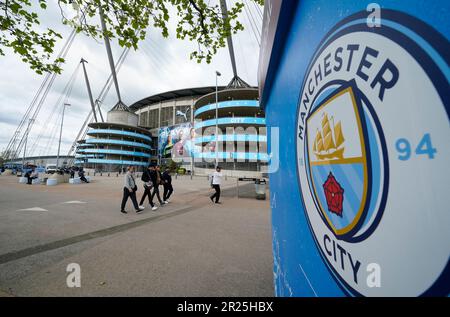 Manchester, UK. 17th May, 2023. Fans arriving before the UEFA Champions League match at the Etihad Stadium, Manchester. Picture credit should read: Andrew Yates/Sportimage Credit: Sportimage Ltd/Alamy Live News Stock Photo