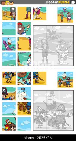 Cartoon illustration of educational jigsaw puzzle games set with pirates characters group Stock Vector
