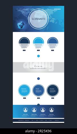 One Page Website Template with Earth Globe, World Map Header Design Stock Vector
