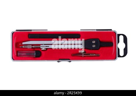 Student drawing set with compass close-up isolated on white background. View from above Stock Photo