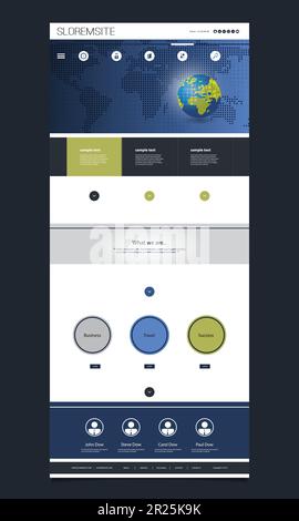 One Page Website Template with Earth Globe, World Map Header Design Stock Vector