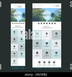 Responsive One Page Website Template with Blurred Background - Palm Trees Header Design - Desktop and Mobile Version Stock Vector