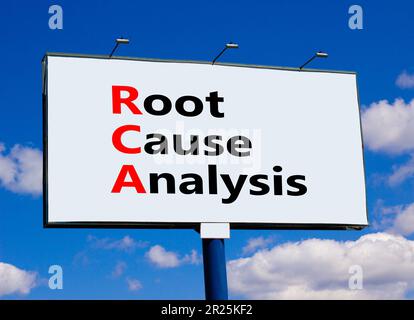 RCA root cause analysis symbol. Concept words RCA root cause analysis on beautiful big billboard. Beautiful blue sky cloud background. Business and RC Stock Photo