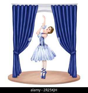 Prima ballerina on stage in a theater hall in an elegant blue tutu and pointe shoes. A girl standing on tiptoe. Opera performance, dance show, concert Stock Photo
