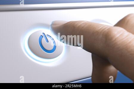 Finger pressing a power button to start an electronic device. Energy saving concept. Stock Photo