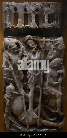 Relief depicting a scene from the Passion of Christ, 15th century. The Resurrection of Christ. Alabaster. From Nottingham Workshops (England). Carmo Archaeological Museum. Lisbon, Portugal. Stock Photo