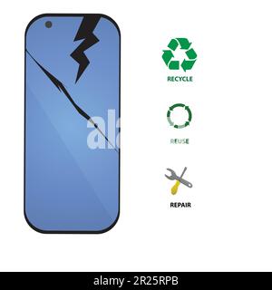 Broken smartphone with the icons reuse, recycle, repair Stock Vector